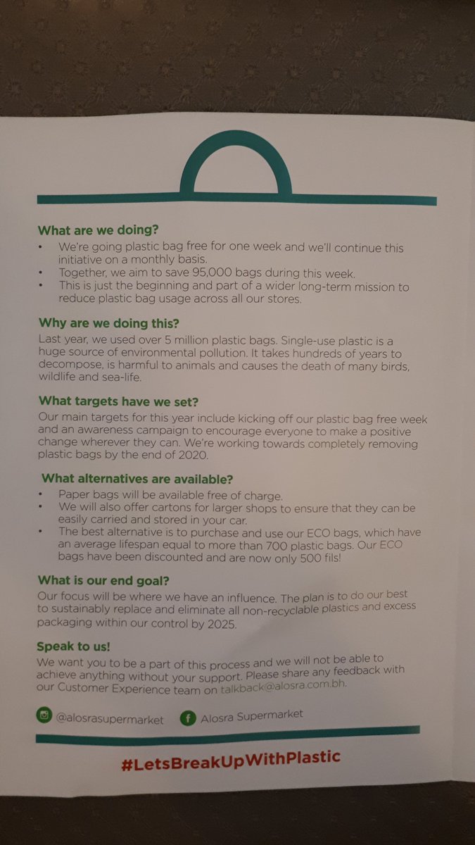 recyclepointsbh's tweet image. #LetsBreakUpWithPlastic #AlosraSupermarket
18-24 November 2018 they are going plastic free this week and aim to continue this on monthly basis ! Great so happy to support this save 95000 bags this week 2017 they gave away &amp;lt;5 million single use bags free paper bags this week!