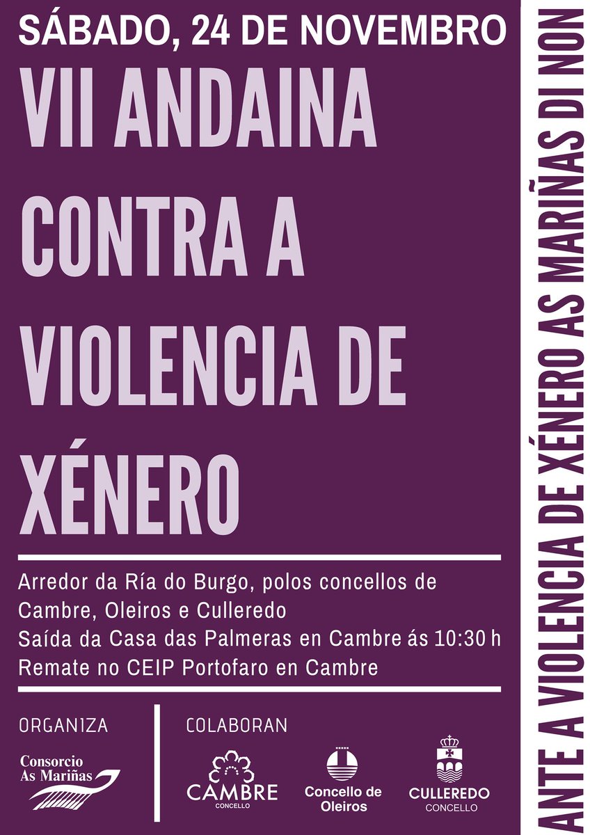 OmixCambre's tweet photo. Este sábado 24 de novembro celébrase a VII Andaina Contra a Violencia de Xénero, que sairá ás 10:30 da Casa da Xuventude. Vémonos alí!
Ao longo do #percorrido, duns oito quilómetros, pasarase arredor da ría do #Burgo pasando polos #concellos de #Cambre, Oleiros e #Culleredo 🗺️. https://t.co/ZnM8Grkpw7