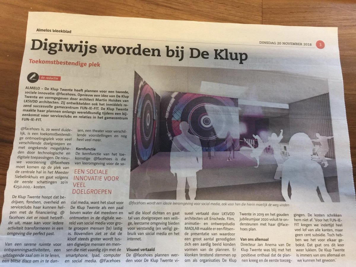 6 november jongstleden zijn we gevraagd door Stichting de Klup Twente om onze visie te presenteren over de nog te realiseren uitbreiding genaamd @Facehoes. Onlangs heeft Almelo's Weekblad hier een artikel over gepubliceerd. Dit gaat een te gekke MADlab beleving worden.