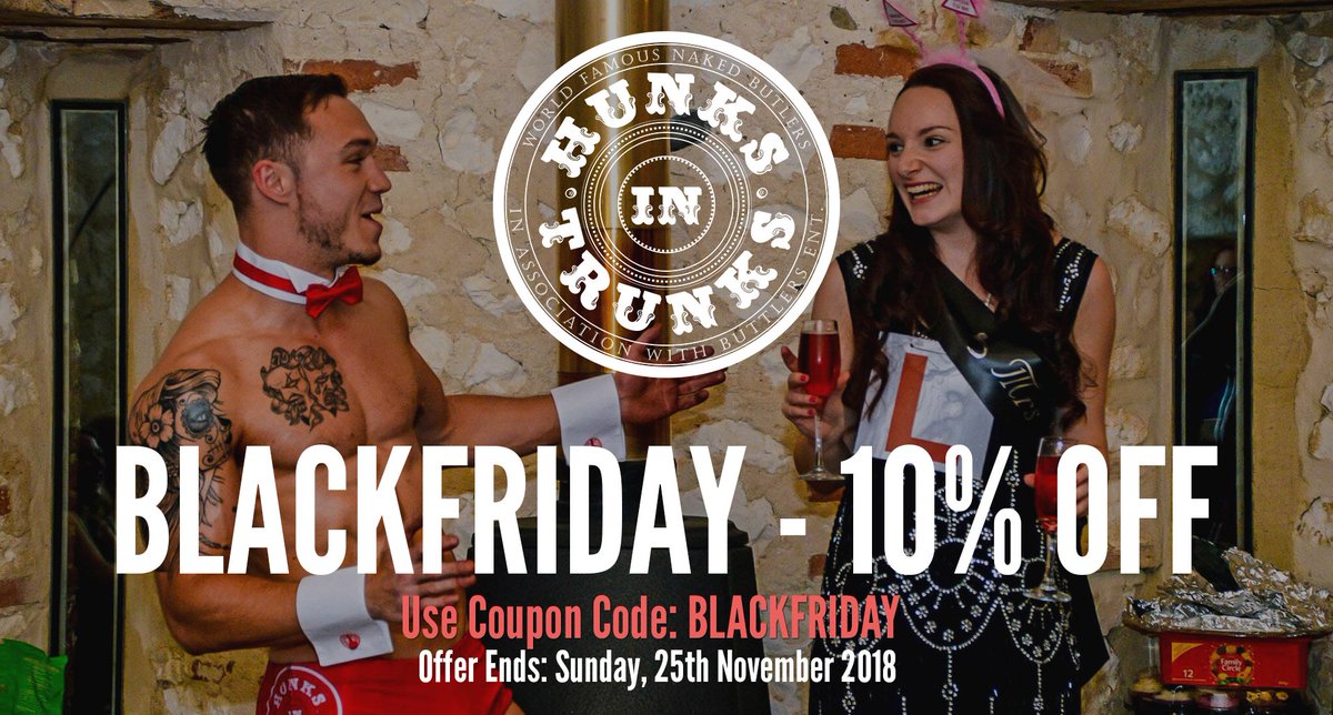 hunksintrunks's tweet photo. Our Black Friday deal has landed! Book your Hunks in Trunks experience now to receive 10% off with the code: BLACKFRIDAY. Offer valid until Sunday 25th November.

https://t.co/7ut08cxsoi

#nakedbutler #nakedbutlers #toplesswaiters #toplessbutlers #henpartycatering  #blackfriday https://t.co/CHYtV3xOAp