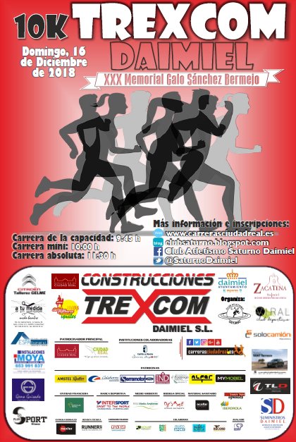 Aquí os dejamos el cartel de #10KTrexcomDaimiel con todos los colaboradores que apoyan la prueba. Las inscripciones ya están abiertas tanto para las carreras mini como para la prueba absoluta. Os esperamos a todos el 16 de diciembre!!