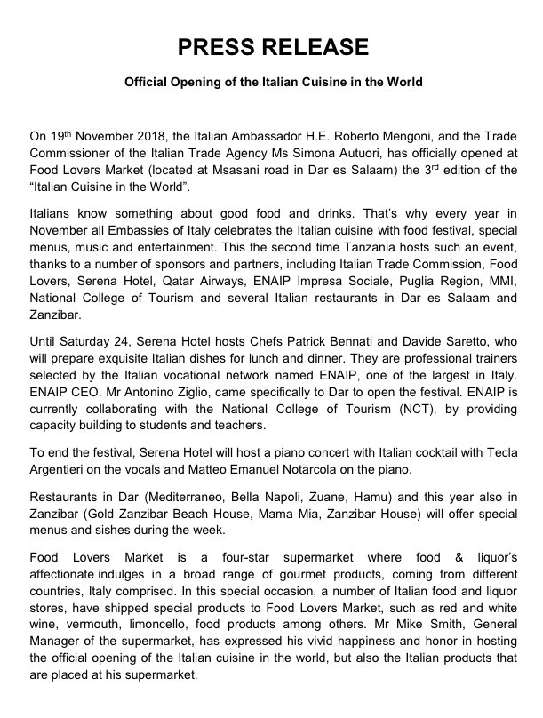 ITAAddisAbeba's tweet photo. Read here the #PressRelease regarding the opening event of the 3rd Edition of the #ItalianCuisineWeek in #Tanzania @ItalyinTanzania #ItalianTaste2018 https://t.co/mo1MvG2qzD