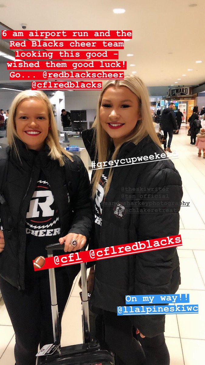 5starMP's tweet photo. Running into these cheer squad beauties  at the ✈️ airport at 6 am can only mean good luck! 🏈 🏆-Wishing great success 🍀 to the #Ottawa #Redblacks  @REDBLACKS  @CFLonTSN   #GreyCup2018  😴 #greycupweekend @FlyYOW https://t.co/hpE3MKvsqv