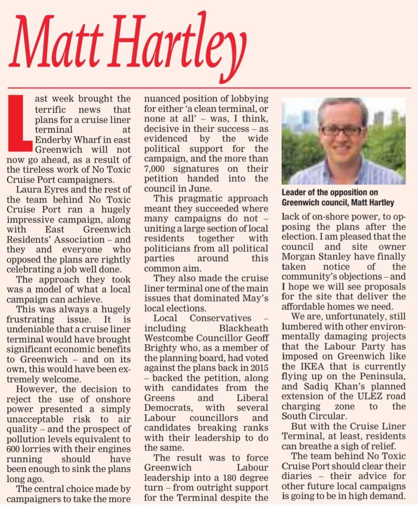Pleased to use my #Greenwich Mercury column this week to help make sure <a href="/notoxicport/">No Toxic Cruise Port for London</a> <a href="/EyresLaura/">Laura Eyres</a> +team get the credit they're due for stopping plans for Cruise Liner Terminal.

A model local campaign that built broad coalition &amp; forced 180 turn from Council leadership #impressive