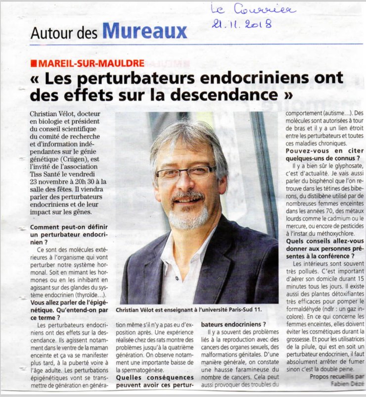 CRIIGEN's tweet photo. Les #perturbateursendocriniens ont des effets sur la descendance conférence de Christian #Vélot pdt du CS  du @CRIIGEN à Autour des Mureaux • #MAREIL-SUR-MAULDRE ce vendredi 23  novembre 2018 https://t.co/W5BRPXPYbd