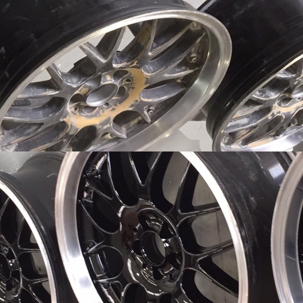 martapi82's tweet image. Hem pintat aquestes 4 llantes de color negre,una de les quals estava molt malmesa i prèviament l’hem sorrejada.Sempre amb productes de Glasurit #sorrejats #pintatllantes #abansidesprés #comarbi