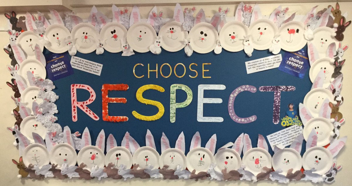 At @BottesfordIS we #ChooseRespect 🌳 All of our children have contributed to our Anti-Bullying display - we appear to have been invaded by respectful rabbits! 🐰  @ABAonline