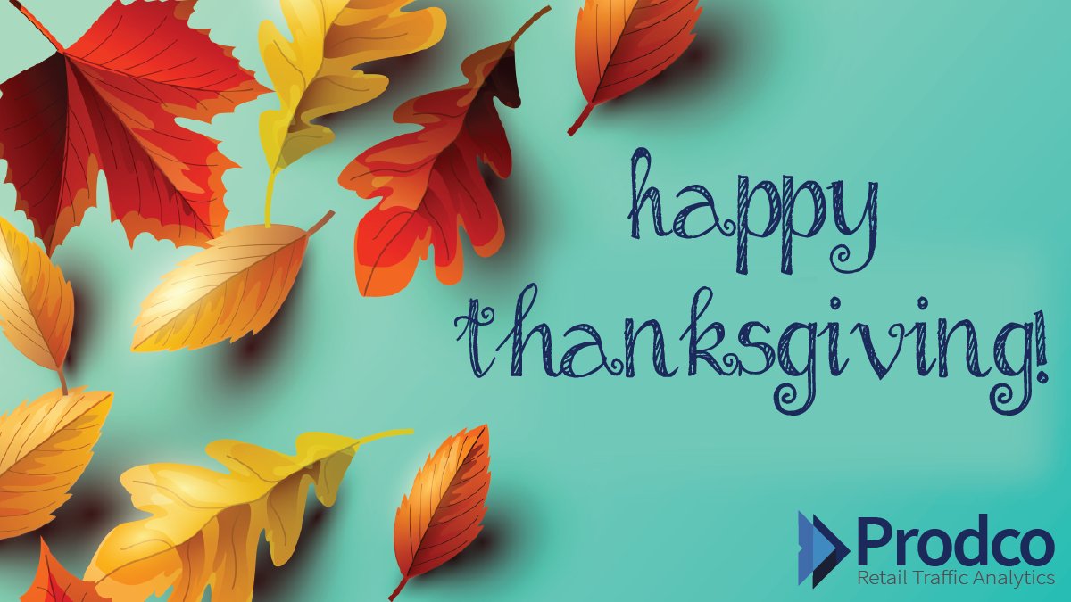 ProdcoAnalytics's tweet photo. Happy Thanksgiving from everyone at Prodco Analytics! 

Make sure to stay tuned for the release of our exclusive Retail Traffic Index for Thanksgiving and Black Friday. 

Keep counting!

#thanksgiving #retailanalytics #peoplecounting #retail #prodco https://t.co/WDDpnmPNYY