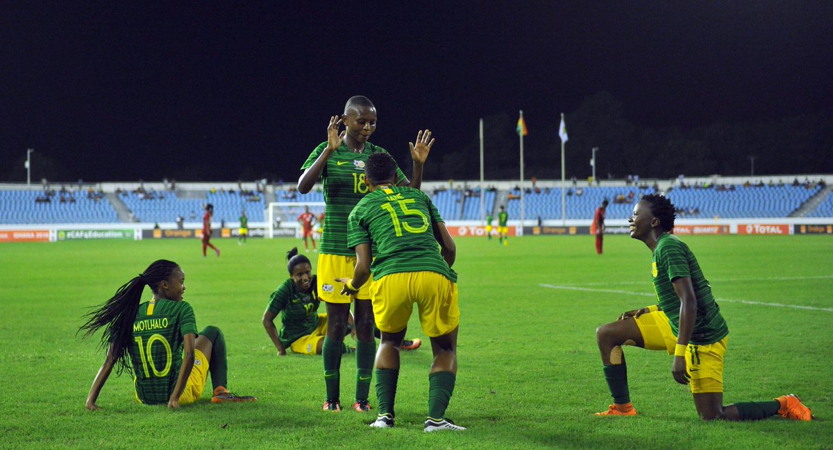Banyana_Banyana's tweet photo. This is how we do it! @Banyana_Banyana celebrating some of the goals they scored against Equatorial Guinea at the Cape Coast Stadium in Ghana. SA won 7-1 from 6 goal scorers @SAFA_net @SasolLeague @SasolSA #limitless #afcon2018 #EQGvsRSA https://t.co/bb0vTE4dzU
