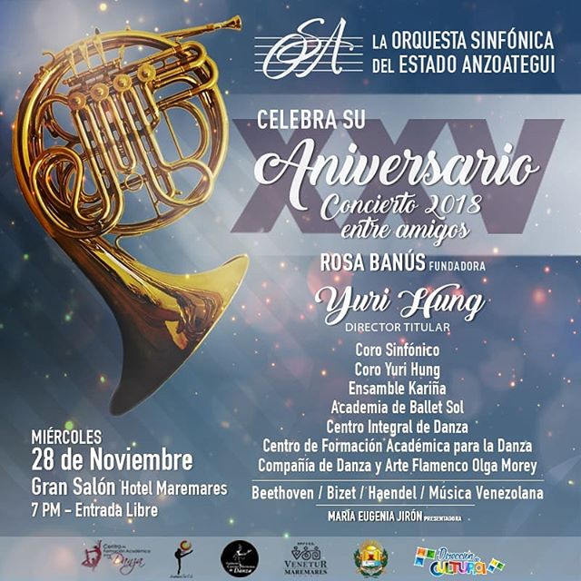 #AgendaEnOriente via @yurihung13 Es un honor invitarte al XXV Aniversario de la Orquesta Sinfónica del Estado Anzoátegui La OSA celebra entre amigos Miércoles 28 de Noviembre de 2018 Gran Salón Hotel <a href="/maremareshotel/">Hotel Maremares</a> 7 pm ENTRADA LIBRE #music #aniversario… dlvr.it/Qrss8P
