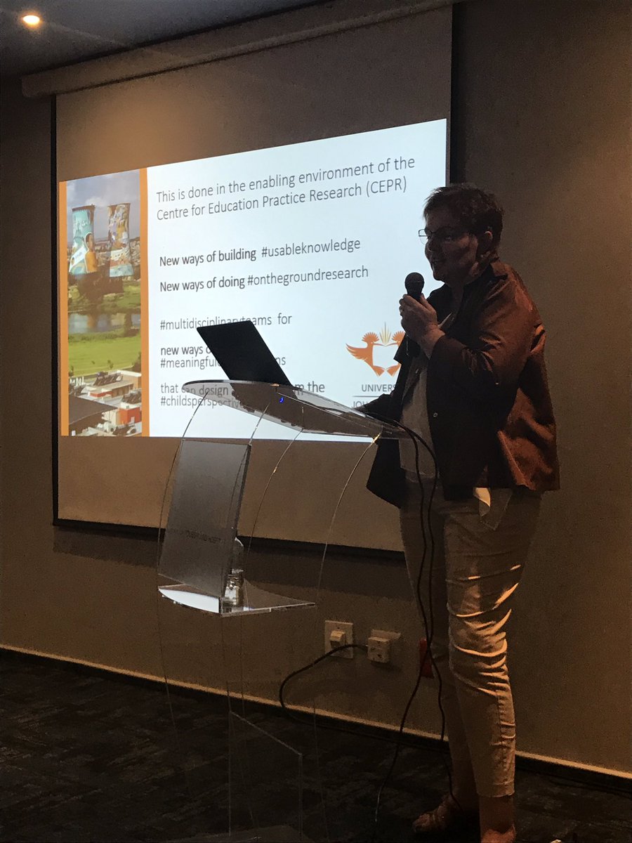 Super_Teacher_F's tweet image. Prof Nicky Roberts @Kelello_ addressing an audience on producing #usableknowledge by dismantling the learning containers in which we trap our young children. @go2uj