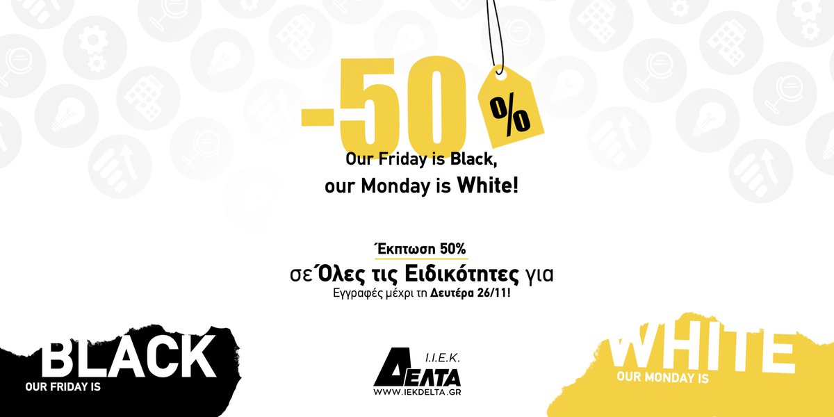 IekDelta's tweet photo. Our Friday is Black our Monday is White!
💣Έκπτωση 50% σε Όλες τις Ειδικότητες για εγγραφές μέχρι τη Δευτέρα 26/11!😉
⬇️Πάρε θέση!
https://t.co/TzCdxa7jvh https://t.co/2qwbt5qwng
