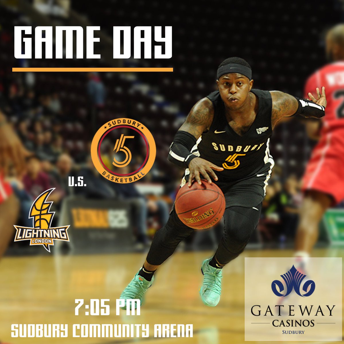 TheSudburyFive's tweet photo. IT'S GAME DAY SUDBURY! 

The day has come! We're set to host the defending champion London Lightning Basketball tonight at the Sudbury Arena. Tickets for tonight's game brought to you by Gateway Casinos Sudbury are SOLD OUT! 

Eyes are on the prize. Let's get that W. 

#five https://t.co/RXU0E8TmvX