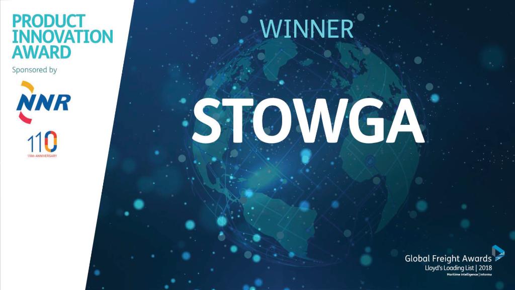 TeamStowga's tweet photo. Very proud to have won the Product Innovation Award, presented by Lee Griffiths, Director @NNR_GL ! #GFA2018 And a big thanks to @LloydsList  @lloydsloading https://t.co/VHl5kp7Aud