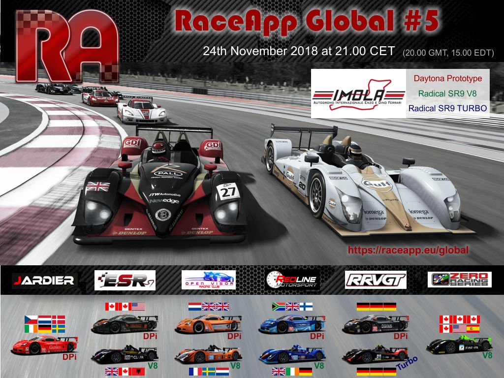 RaceApp Global Event #5 is on the horizon! We have 6 communities in the grid and welcome the guys of Jaroslav Honzík - Jardier as our newest contenders. The eventbanner shows all liveries and nations. We await you in the live stream (link announced soon)
