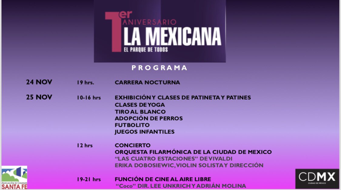 mexicanaparque's tweet photo. Festeja el 1er Aniversario de #LaMexicana empezando con la Carrera Nocturna el 24 de noviembre y acompáñanos a las actividades que tendremos el 25 de noviembre https://t.co/hY5hdCji13
