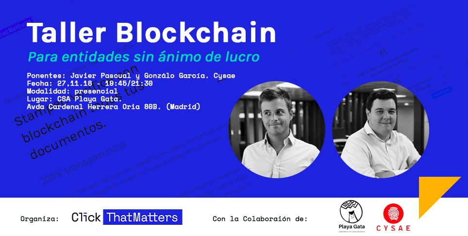 FundacionCTM's tweet photo. Este martes 27 a las 19:45. Taller de #Blockchain para #Nonprofits!! De la manos de los fundadores de la legaltech @Cysae_Legaltech. ¿Qué es blockchain? ¿Cómo lo aplicamos al tercer sector?
No te lo pierdas!! Entradas 👉 https://t.co/SRSYFLcnFM https://t.co/MTXfh9LnBd