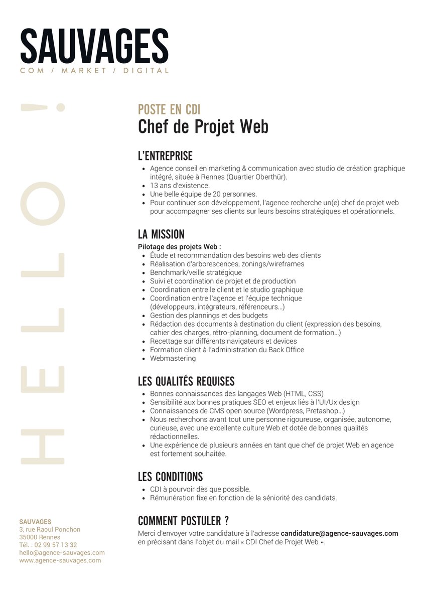 Nous recrutons un.e Chef de Projet Web en CDI pour venir rejoindre Les Internettes+Alban.  Envoyez-vous vos CV à candidature@agence-sauvages.com 💾 #emploi #rennes #job #chefdeprojetweb