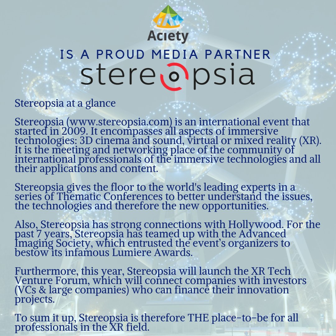 Aciety's tweet photo. @Aciety is happy to be part of @Stereopsia World Immersion Forum 2018 
happening in Brussels, Belgium 5-7 December.
For more information visit: https://t.co/isqVrwOdLt or register at https://t.co/v4uEAKHNAh
#Stereopsia #3DImmersion #3D #XR #AR #videogames https://t.co/c3OWouAK6Y