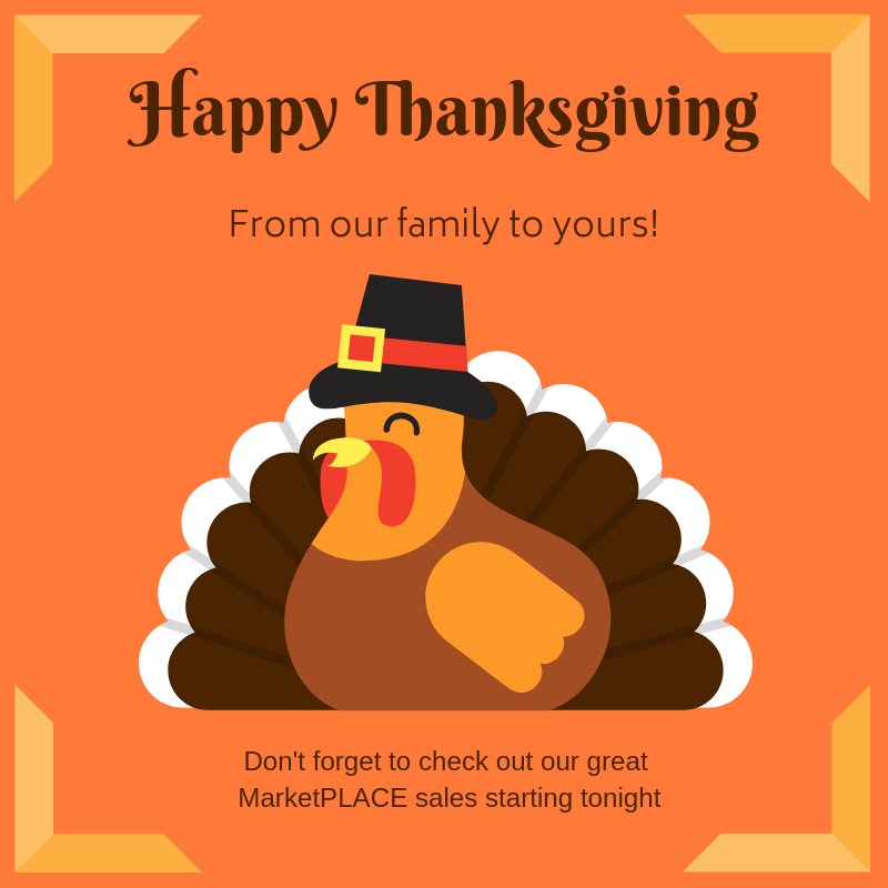 All_Gymnastics's tweet photo. Happy Thanksgiving from our family to yours! 
Dont forget to check out our Black Friday and Cyber Monday deals on the MarketPLACE!
#allgymnastics #gymnastics #USAgymnastics #usaigc#gymnasticscompetition  #gymnasticsmeet #gymnast #BlackFriday #CyberMonday https://t.co/5JwdbtcWAz