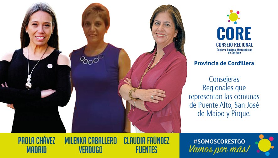 COREsantiago's tweet photo. [CORES] @milenka37 @pao_chavez_m y @claudiafaundezf son las consejeras regionales por Puente Alto, San José de Maipo y Pirque (Cordillera)
#SomosCORE #CORERM 💪
+info 👉 https://t.co/aVnyNpvG2W https://t.co/DkkSorL60i