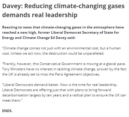 LibDemPress's tweet image. .@EdwardJDavey has criticised the Tories for "moving at a glacial pace" on tackling climate change following news climate-changing gases in the atmosphere have reached a new high. @LibDems would bring forward decarbonisation targets by ten years #DemandBetter