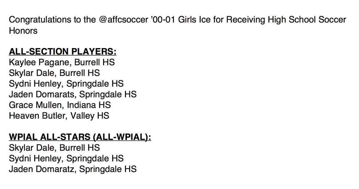 AFFCSoccer's tweet photo. @AFFCSoccer would like to congratulate players from our U19 Girls Ice on their scholastic season accomplishments! https://t.co/zKoZQ8N3b4