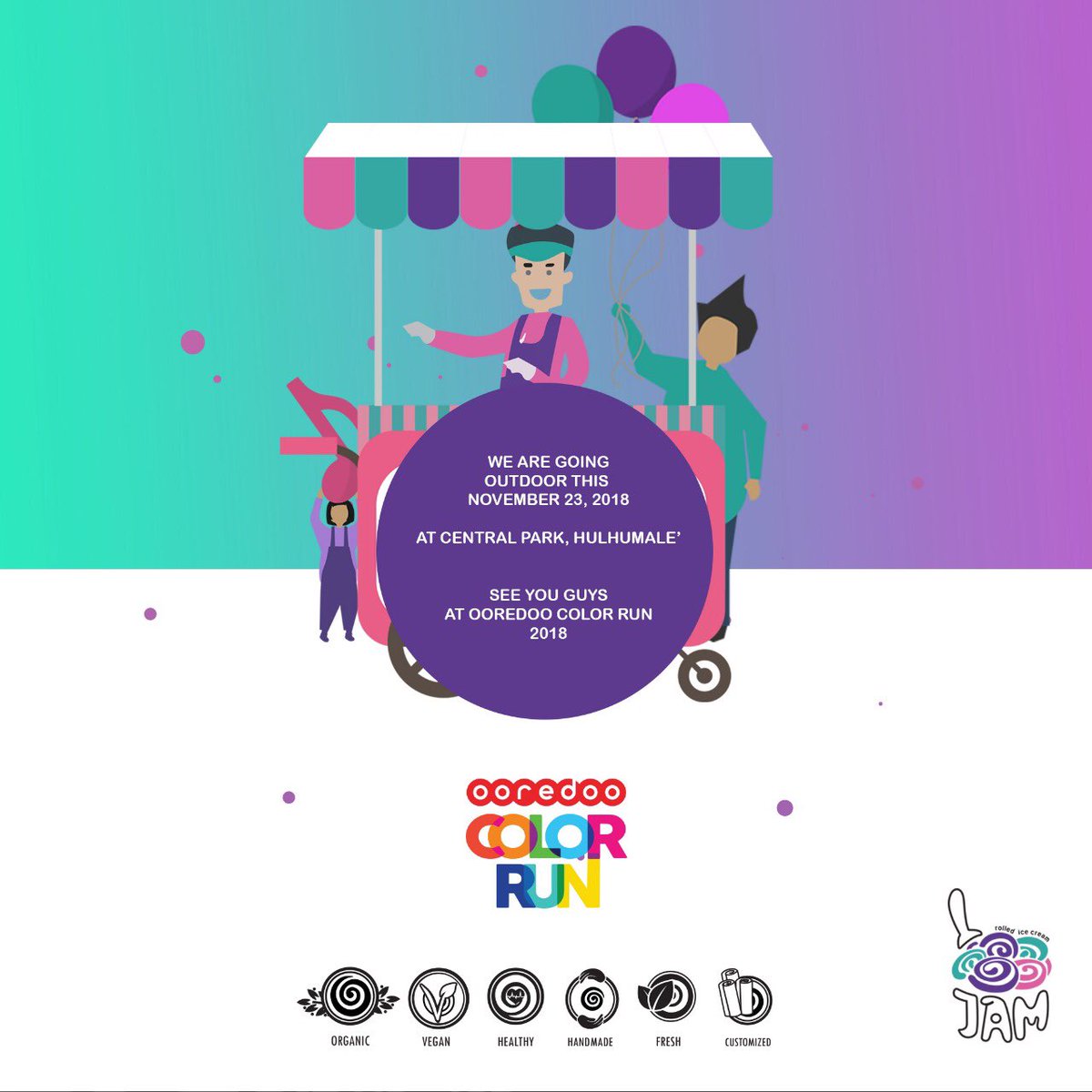 Jamrolled's tweet photo. It is going to be an awesome day tom at @ooredoomaldives #ooredoocolorrun2018 ! See you all at the festival! 🤗 #jamrolledicecream #ooredoomaldives #ooredoocolorrun2018 #jammale https://t.co/aTOiMLQAsu
