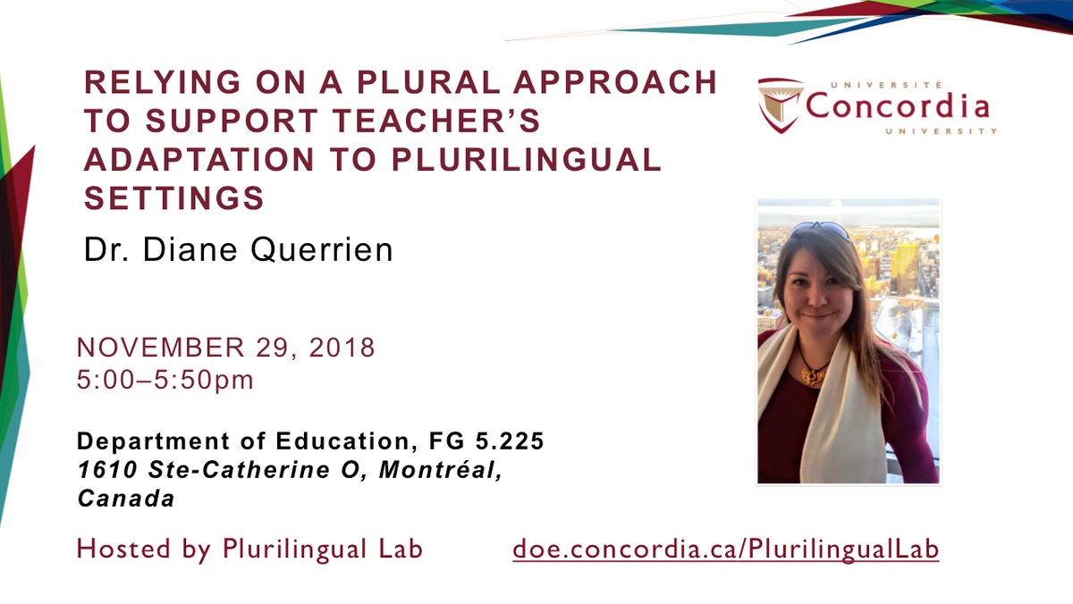 Friendly reminder: Come to Dr. <a href="/DianeQuerrien/">Diane Querrien</a>'s talk on Supporting Teacher's Adaptation to #Plurilingual Settings next Thursday, November 29, 5-5:50pm at <a href="/Concordia/">Concordia University</a>'s Department of Education. This is a free public talk.

See you there! 

#PlurilingualTalk #Multilingualism