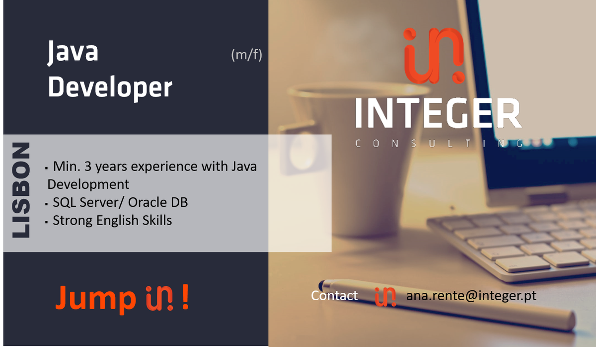 integer_consult's tweet photo. Hiring! Java Developer, Lisbon, JUMP IN! ana.rente@integer.pt 💼#integerconsulting #ITjobs #Lisbon #Java #Developer #development #SqlServer #Oracle #Database #English https://t.co/oRCJOqqrPJ