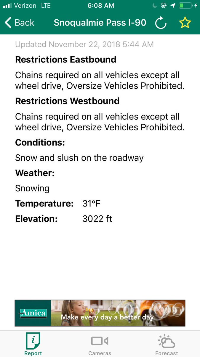 wsdot_traffic's tweet photo. It’s snowing and chains are required for all vehicles except AWD over @SnoqualmiePass right now (AWD vehicles should still carry a pair). Use the WSDOT app from your smart device to check conditions and leave enough travel time to put on chains. #GoSlowInSnow https://t.co/10u9Wwjgrz