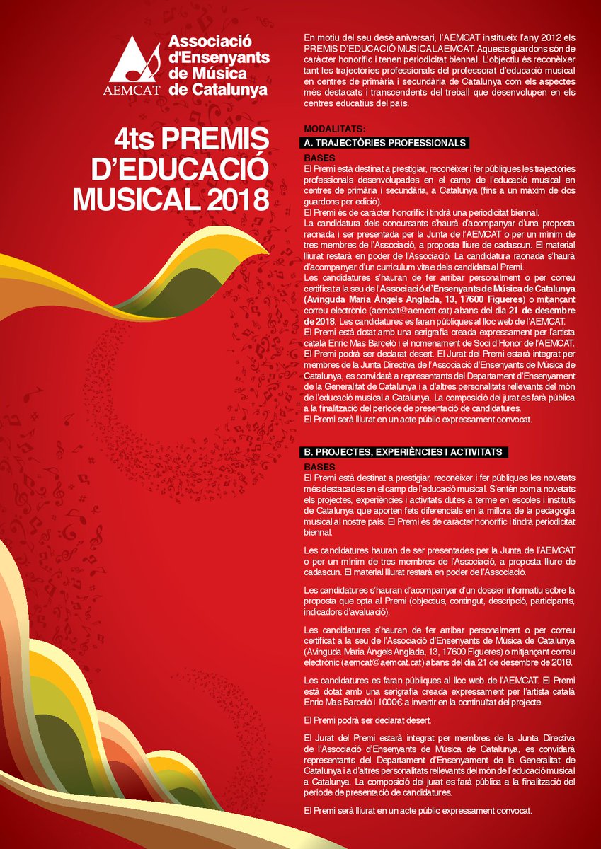 hotxingodoy's tweet photo. Ja estan convocats els 4ts premis Aemcat que reconeixen projectes i experiències en educació musical i també reconeixen la trajectòria de professionals que porten anys picant pedra per millorar el nostre àmbit. Animeu-vos a presentar la feina que esteu fent! #aemcat @AEMCAT_cat https://t.co/6ZNYWpftVA