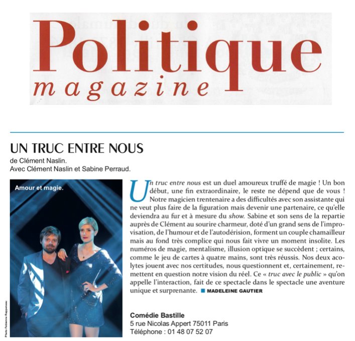 ComedieBastille's tweet photo. #UnTrucEntreNous "...une aventure unique et surprenante..." 
 "Un bon début, une fin extraordinaire, le reste ne dépend que de vous !"
  Merci Madeleine Gauthier de @PolitiqueMagazine Tout est dit ! A découvrir @ComedieBastille du mercredi au dimanche ! #SpectacleFamilial #50ème https://t.co/7ojZgbXUVO