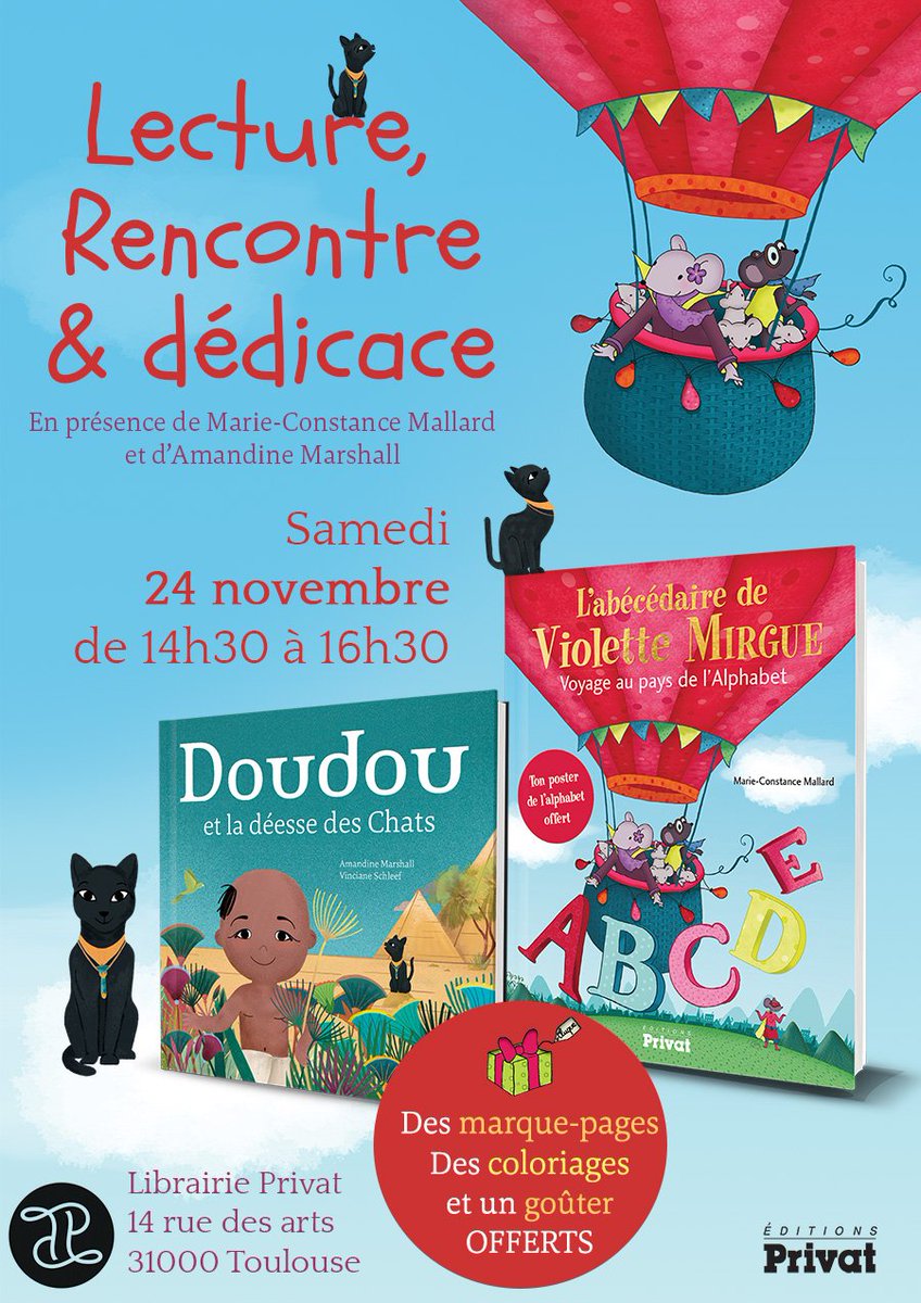 Ce samedi 24 novembre retrouvez nos auteurs jeunesse en dédicace à la <a href="/LibrairiePrivat/">Librairie Privat</a>