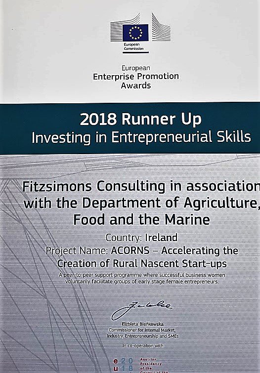 acorns_ie's tweet photo. ACORNS is a 2018 Runner-up in the European Enterprise Promotion Awards. Thank you to the judges, to the Department of Agriculture, Food and the Marine @agriculture_ie for their support,  the voluntary Lead Entrepreneurs and all the participants who make @acorns_ie really special. https://t.co/dPpQA1in5R