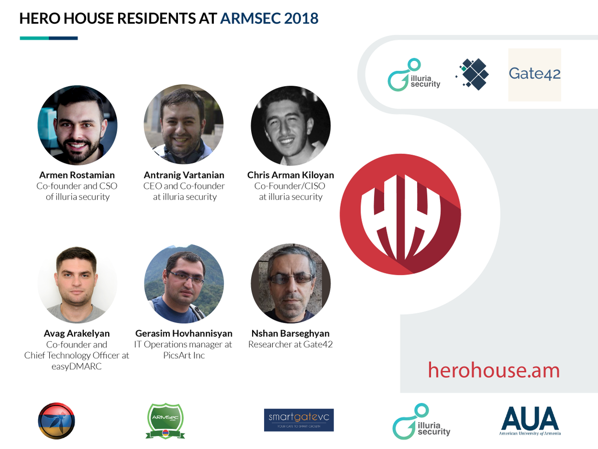 HeroHouseio's tweet photo. Our Residents are at #ArmSec2018 Security Conference. Join us on November 24 at @AUAtweets.

ArmSec conference is an annual international cybersecurity conference aiming at strengthening the cybersecurity community in Armenia and discussing the latest cybersecurity problems. https://t.co/sr2Oj3J8WN