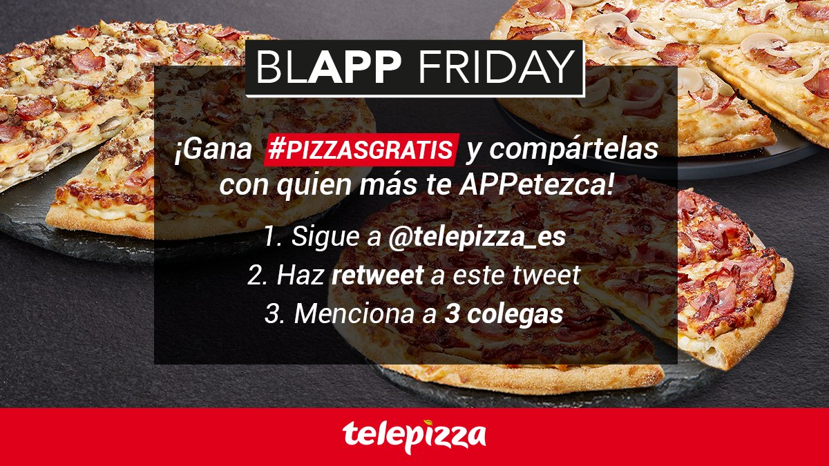 telepizza_es's tweet photo. 💥BAAAAM💥

Vamos que no todos los días se ganan 3⃣ #PizzasGratis por #BlappFriday ‼️

1️⃣ Sigue a @telepizza_es 2️⃣ Haz RT a este tweet 3️⃣ Menciona a 3 colegas seguido de #BlappFriday

Mañana comunicaremos ganadores ¡SUERTE 🍀! https://t.co/DjT7yFqPEa