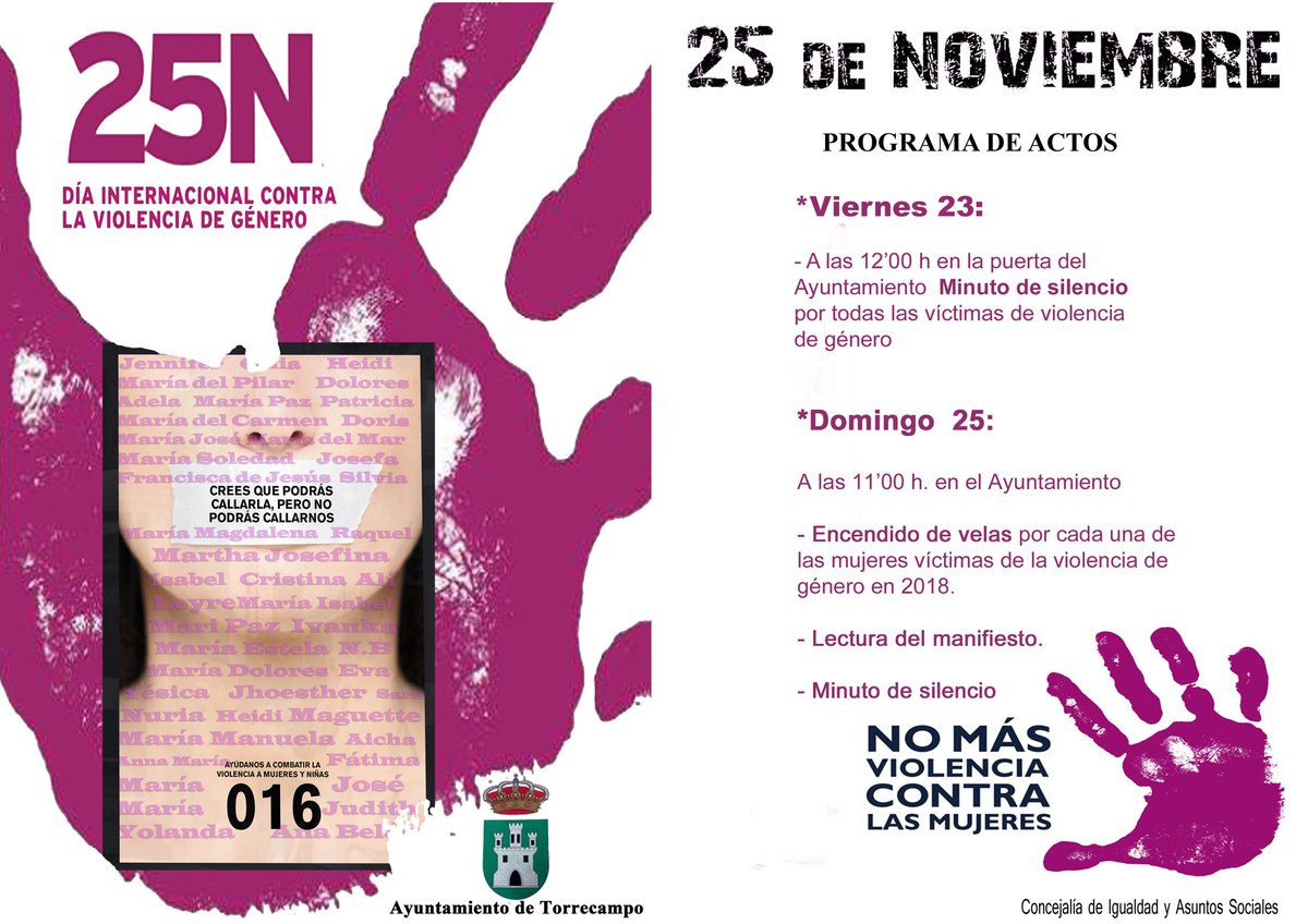 PsoeTorrecampo's tweet photo. Os hacemos llegar las actividades organizadas para conmemorar el día contra la violencia de genero, que nos han remitido desde el propio Ayuntamiento. Agradecemos el gesto. https://t.co/1OPhaX7poB