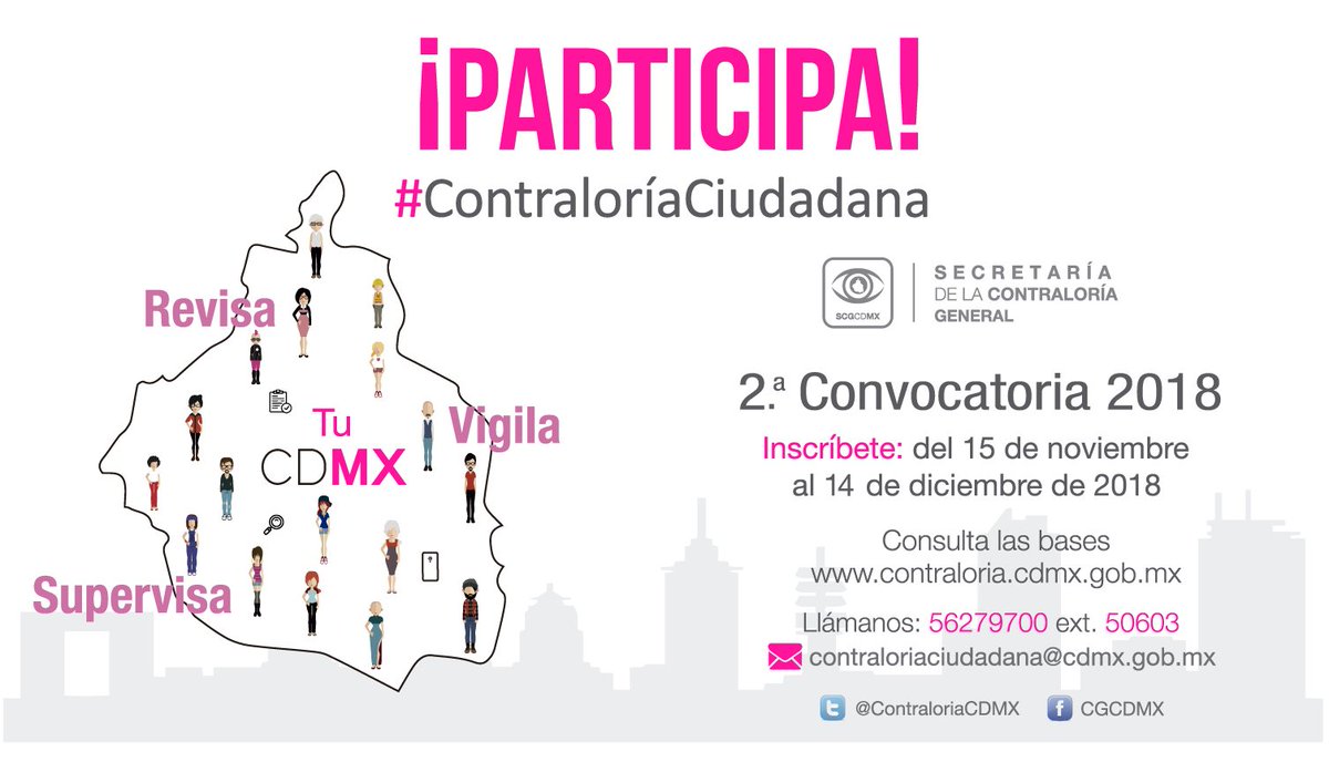 ¡Forma parte de la Red de #ContraloríaCiudadana! Tú puedes vigilar que el gasto público de la #CDMX se ejerza de forma transparente, consulta la Convocatoria en: contraloria.cdmx.gob.mx/docs/Convocato…