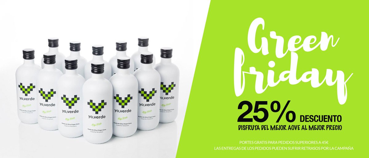AceiteYoverde's tweet photo. En #YoVerde no celebramos el #BlackFriday... ¡Celebramos el #GreenFriday! 😉👏 ¡¡DESCUENTOS DEL 25% en todos nuestros #AOVEYoVerde desde mañana viernes hasta el lunes 26 de Noviembre!! Aprovecha la ocasión para disfrutar del mejor #AOVE al mejor precio😋💚https://t.co/iriDo4lgDg https://t.co/XUCXEcYNiW