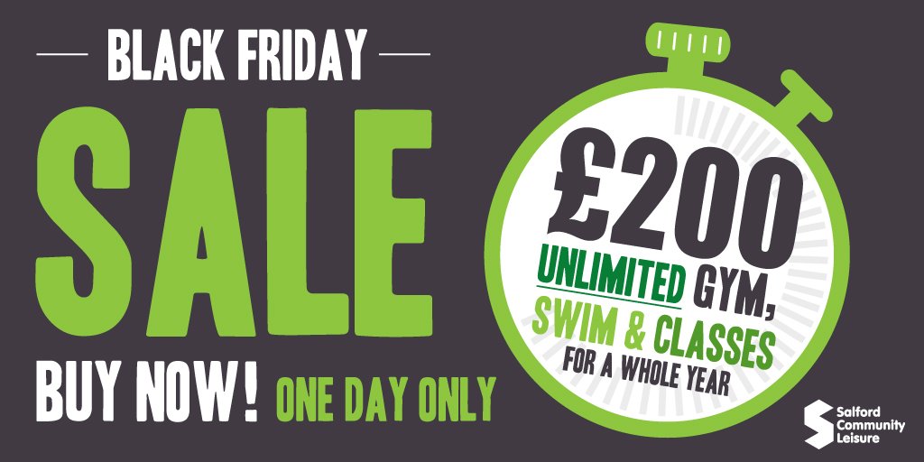 Members - spread the word! Tell your friends and family about our UNMISSABLE #BlackFriday offer. Buy an annual <a href="/SalfordLeisure/">Salford Community Leisure (SCL)</a> Gym Membership for just £200, saving £97! Offer available until midnight tomorrow #BlackFriday2018
 
Buy online ➡️ ow.ly/DCTV30mIsrV