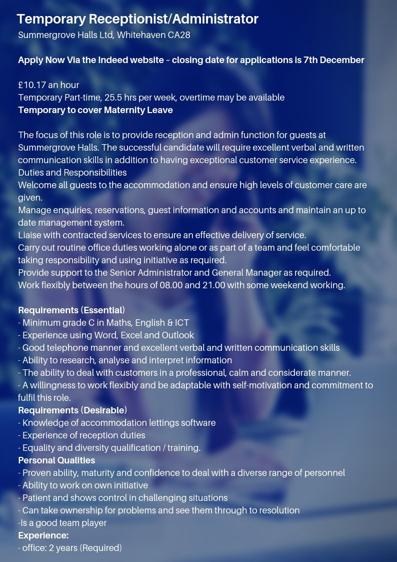 Great job opportunity! 😁 To apply, please pop in to any of our outreach centres so that we can review your CV. Project supported by the Copeland Community Fund - bit.ly/2FL02VS ☎️