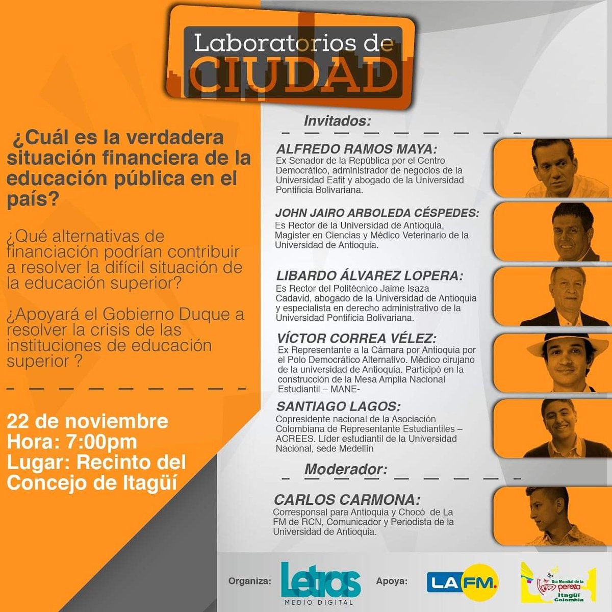 LetrasMedio's tweet photo. Los esperamos HOY en el Recinto del Concejo de Itagüí a las 7:00 p.m para hablar sobre la situación financiera en la educación pública del país. Recuerda que puedes seguir la transmisión en vivo a través de nuestras redes sociales, y puedes realizarle preguntas a los invitados. https://t.co/QqWE4JO0rQ