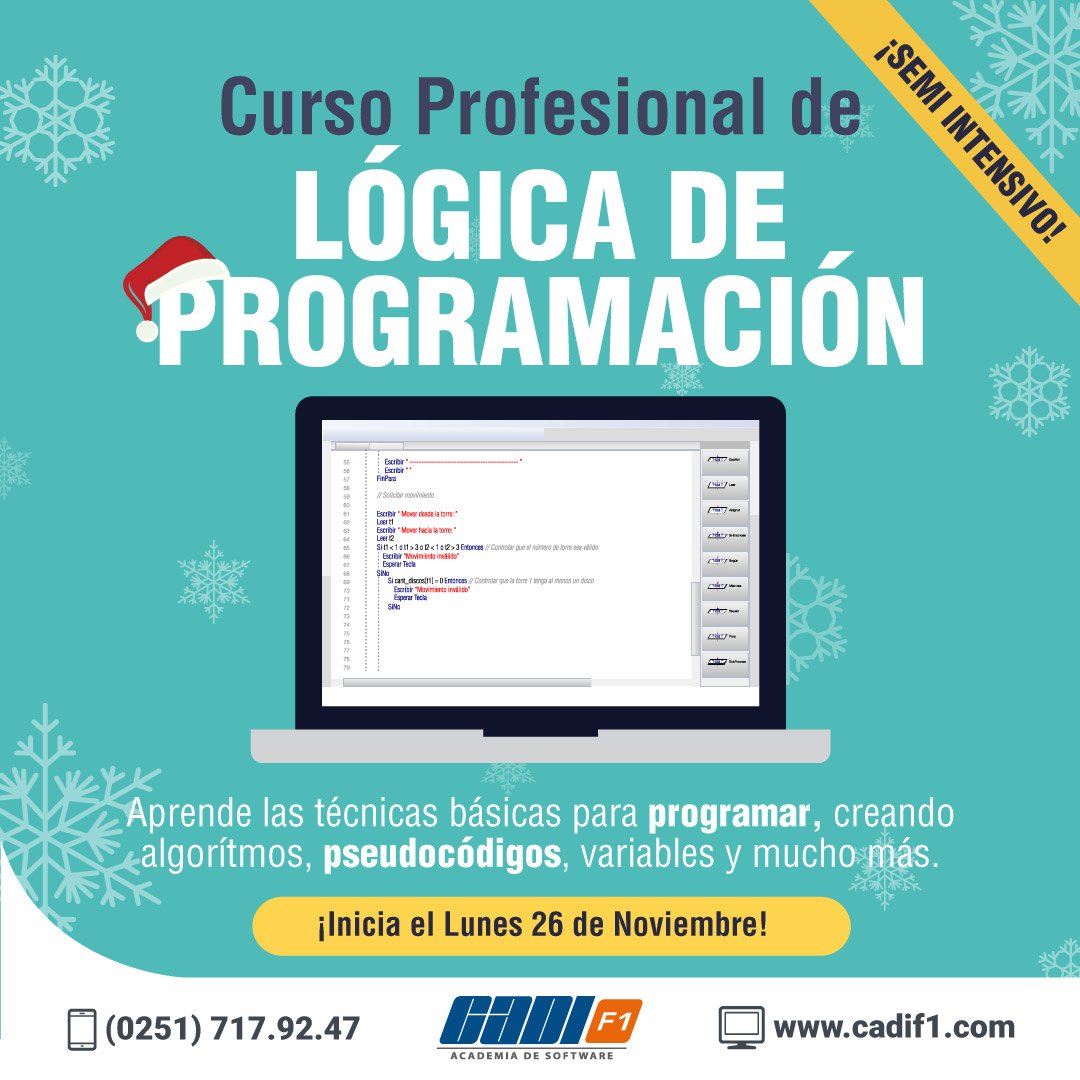 CADIF1's tweet image. ¿Esta por terminar el año y aun no has hecho nuestro curso profesional de Lógica de Programación?
.
¿Que esperas? 
.
Inscribete ya y comienza este lunes 26.
.
¡POCOS CUPOS DISPONIBLES!

#CADIF1 #CursosBQTO #YoProgramoConCADIF1 #LógicaDeProgramación