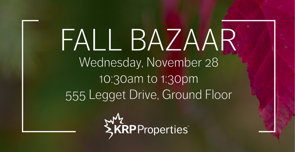 KrpProperties's tweet photo. We're excited for next week's #FallBazaar. Vendors incl.: Bean Express Gourmet Coffee Services, @GeesBeesHoney, @scentsy, JanCinz Bitz, Norwex, Ottawa-Carleton Lifeskills, Raising the Bar, Stardust Jewelry, @sweetlegs, The Plaid Cow, Thirty-One Gifts, Wear it Forward, Wrist Joy. https://t.co/1EgrcKCeux