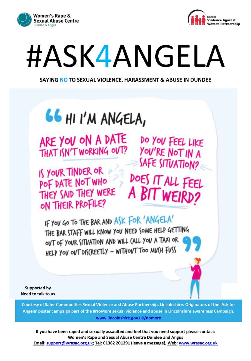 PSOSDundee's tweet photo. #ASK4ANGELA is a sexual violence campaign which is aims to help people who feel unsafe or uncomfortable in the company of others within pubs &amp; clubs across Dundee. Individuals use the code word 'Ask for Angela' to bar staff to alert them that they require help. https://t.co/lcyfLBiWMC