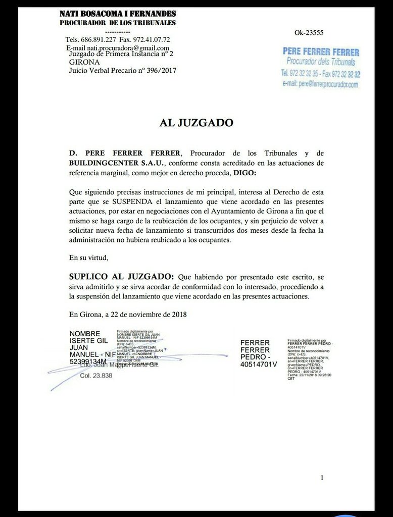 Ja n'hi ha prou!
Si tenim aquest full es perquè el delegat de zona de Buildincenter ens l'ha passat després d'haver enviat ells la sol·licitud per aturar el desnonament a les 9h, dps d'acordar-ho amb nosaltres ahir nit a les 21h.
Prou mentides <a href="/girona_cat/">Ajuntament de Girona</a>! @alcaldessa_gi!!