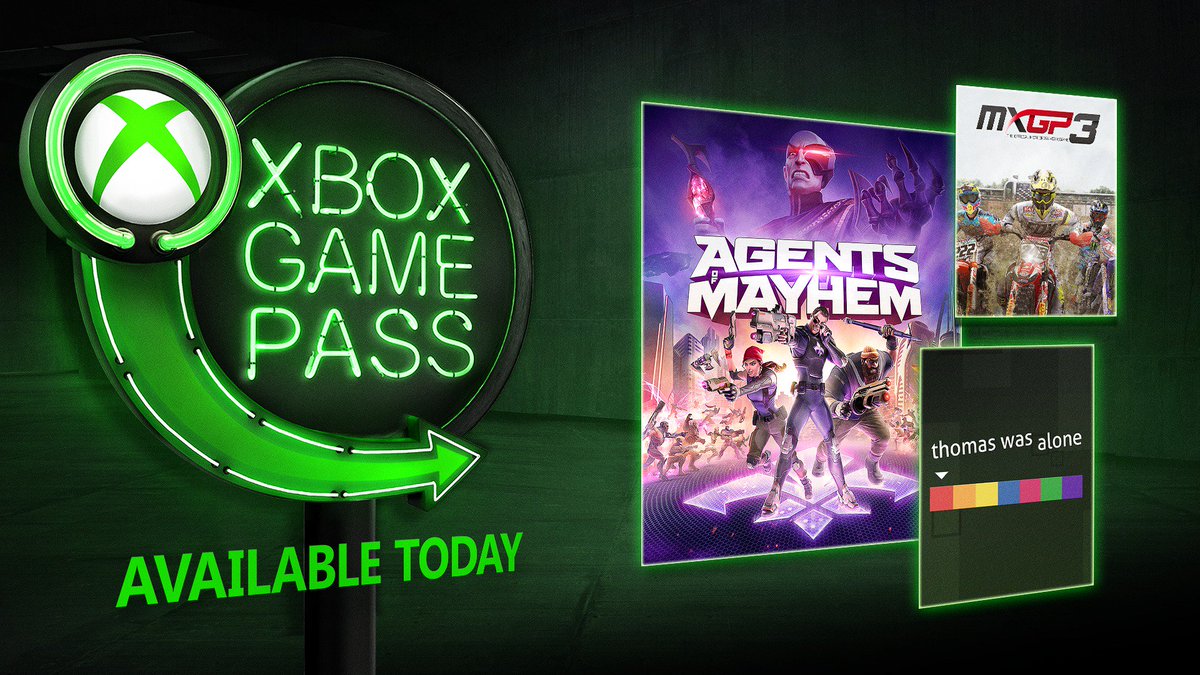 xboxuk's tweet photo. Agents of Mayhem, MXGP3 + Thomas Was Alone are now available on Xbox Game Pass 🎮https://t.co/2HIAPbnvhz https://t.co/k1u5zU9Duh