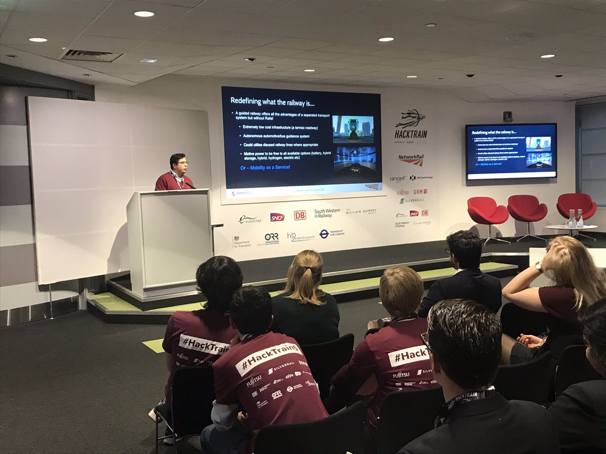 hackpartners's tweet image. Apruva ends on what he believes redefining the railway is - low cost infrastructure, autonomous automotive/bus guidance system, motive power to be free to all available options and potentially utilising disused railway lines where appropriate @networkrail #hacktrainconf