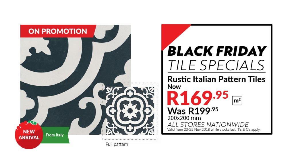 Union Tiles Black Friday Tile Deals!
Get Rustic Italian Pattern Tiles(200x200mm) for only R169.95 pm2, from 23-25 Nov while stocks last
uniontiles.co.za/index.php/bran…
#uniontiles #rustictiles #italiantiles #patternedtiles #tilesonsale #blackfriday #blackfridaydeals #blackfridaytiledeals